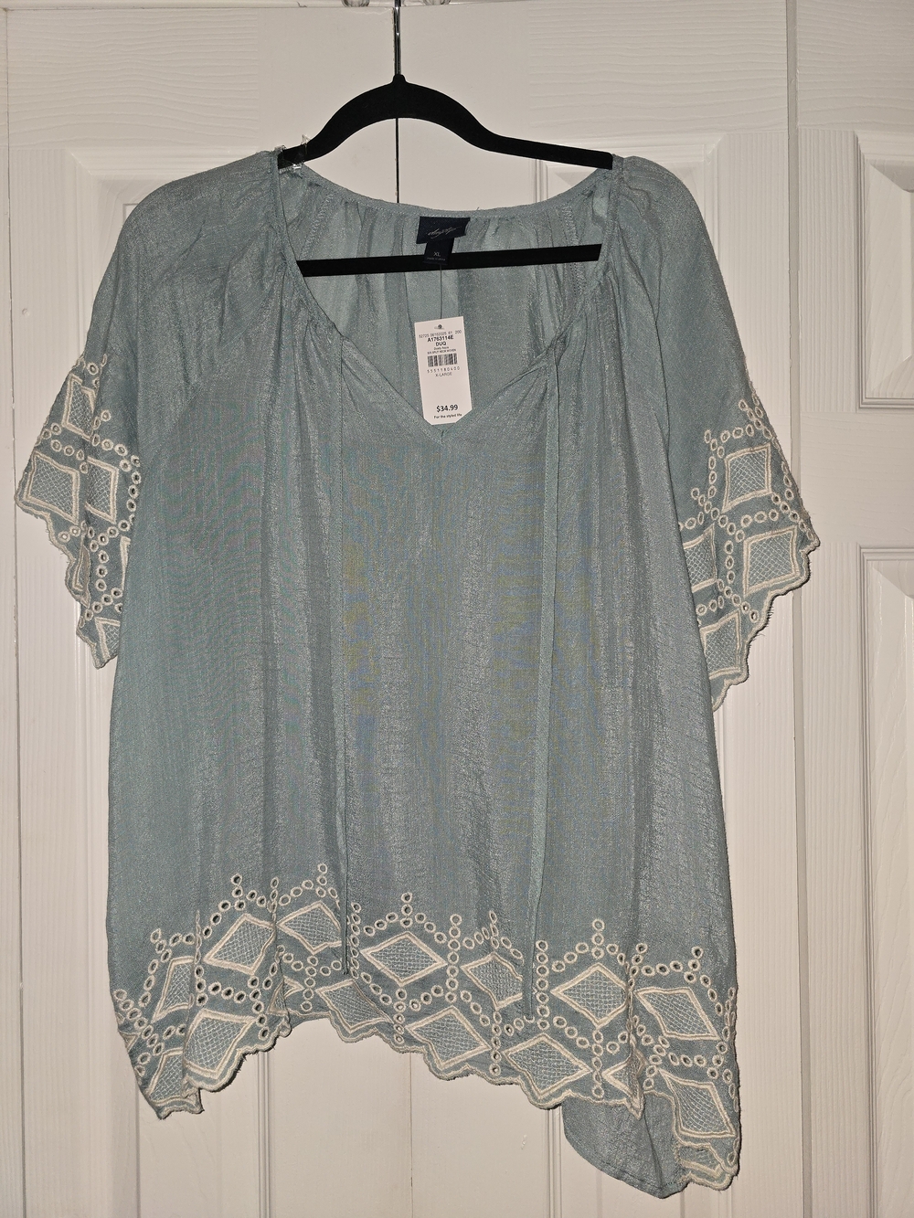 Buckle Light Blue Blouse with White Eyelet Trim